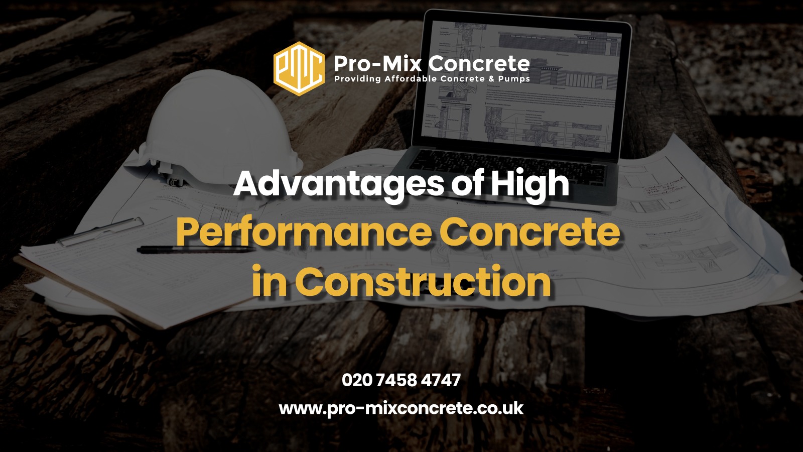 Image showing construction papers work with laptop and text in images is "Advantages of High Performance Concrete in Construction"